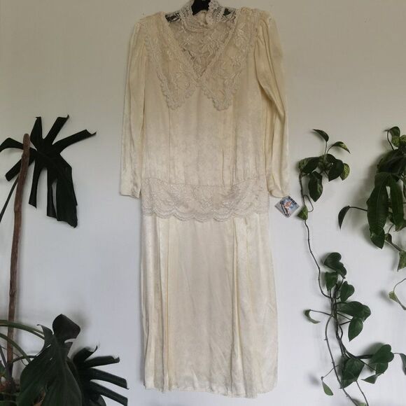 Edwardian Cream Satin Wedding Bridal Elopement Dress Gown Gunne Sax McClintock - Picture 1 of 7